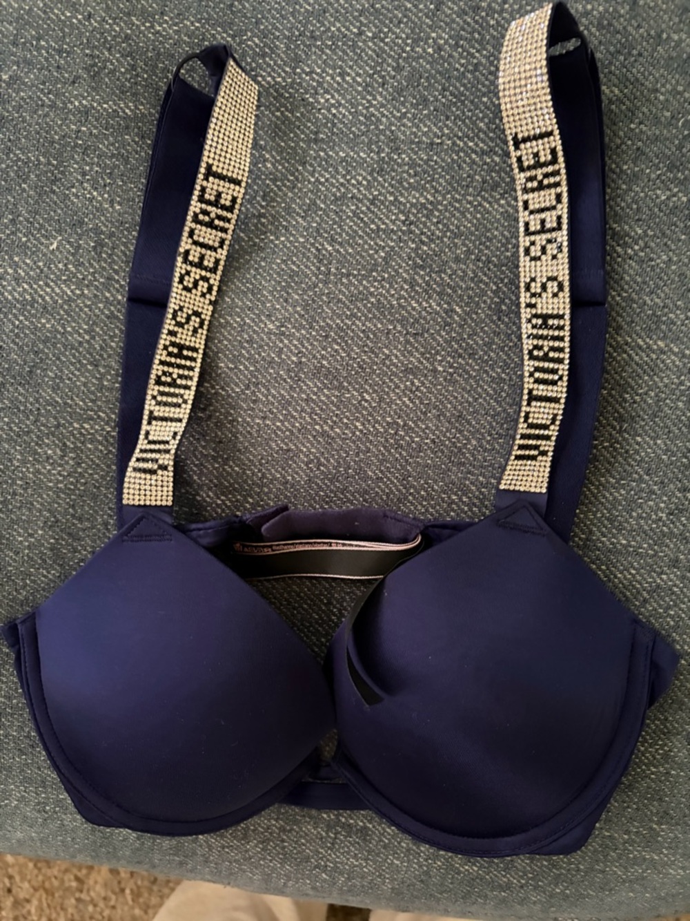 Victoria's Secret Navy Bra with Rhinestone Logo Straps